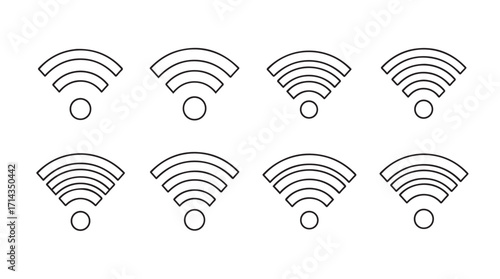 Eight wi fi signal icons in a clean minimalist silhouette style