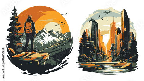 Adventurous Hiker with Cello and Majestic Mountain Landscape in Autumn