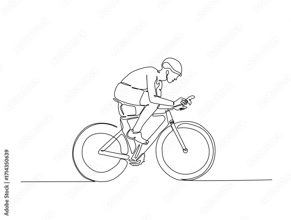 Obraz premium Continuous line art drawing of cyclists cycling on road ,bicycle sport race concept. Athlete riding a bicycle in single line art drawing vector illustration. Editable stroke.