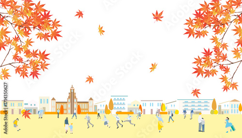 赤く紅葉した美しい紅葉の下を歩く人々-街並みーオシャレなベクター秋背景素材フレーム