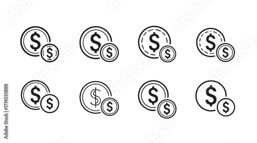 Eight isometric dollar coin icons in a hand drawn silhouette style