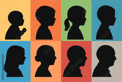 Silhouettes of a person from birth to old age on colorful backgrounds