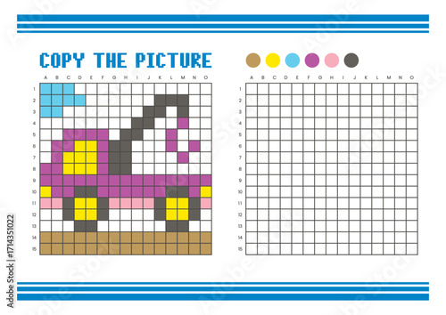 Copy the picture grid drawing worksheet for kids. Pixel art grapple excavator