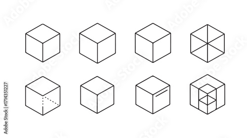 Collection of isometric line drawings of cubes and geometric shapes silhouette