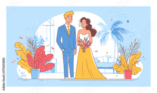 Elegant Cartoon Wedding Scene with Bride and Groom in Colorful Setting