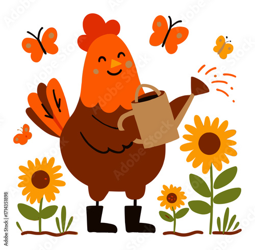 Cheerful Cartoon Chicken Watering Flowers with Butterflies in Garden Scene