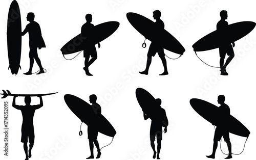 Silhouette Set of Male Surfers Carrying Surfboards – Walking, Holding, and Head-Carrying Poses Vector Art
