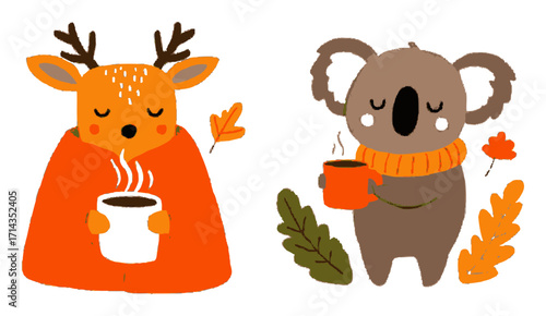 Cute Cartoon Animals Enjoying Warm Drinks in Autumn Colors and Cozy Settings