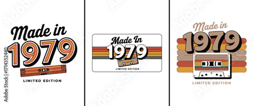 Made in 1979 retro typography with vintage cassette tape vector artwork, classic limited edition birthday t shirt design for celebration