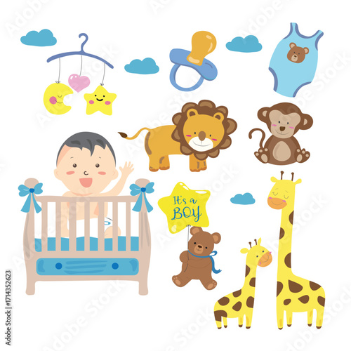 Cute little baby shower kid set showing different faces illustration