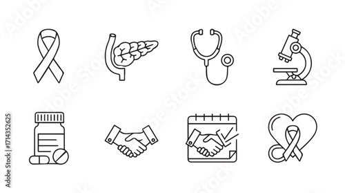 Collection of medical icons representing healthcare research and support silhouette