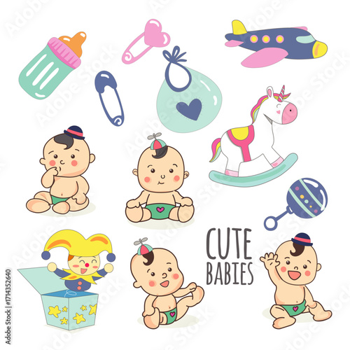 Cute little baby kid set showing different faces illustration