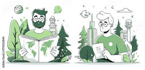 Two Characters Engaged in Eco-Friendly Activities with Nature Elements