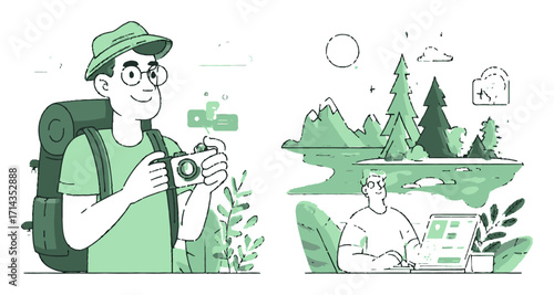 Young Adventurer with Camera Exploring Nature in Minimalist Illustration