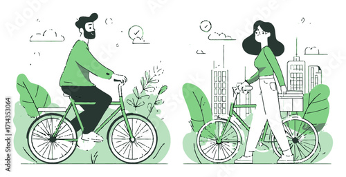 People Riding Bicycles in Urban Environment with Green Elements