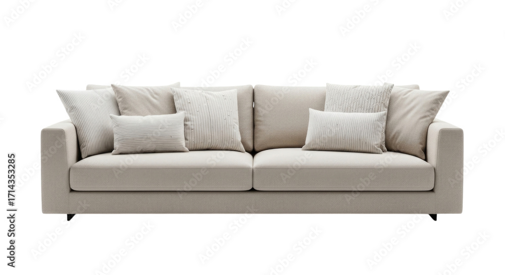 Fototapeta premium Modern Beige Sofa with Cushions Isolated on Transparent PNG Background