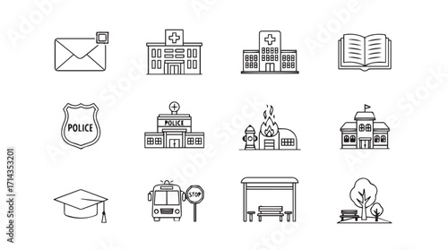 Collection of hand drawn building and education icons silhouette