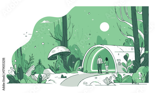 Enchanting Forest Scene with People and Futuristic Structure in Green Colors