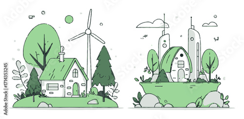 Green Eco-Friendly Cartoon Houses with Wind Turbines and Trees Illustration