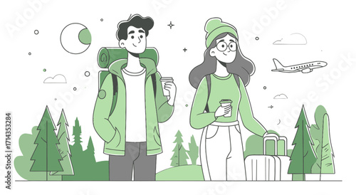 Young Couple Enjoying Outdoor Adventure with Luggage and Coffee Illustration