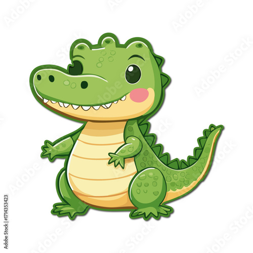 Cute green cartoon crocodile smiling and standing cheerfully on a white surface, radiating happiness and playful innocence.