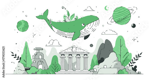 Cartoon Illustration of Whale Flying Over a Landscape with Planets and Nature