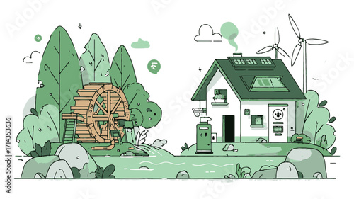 Eco-Friendly House with Water Wheel and Wind Turbines in Cartoon Illustration