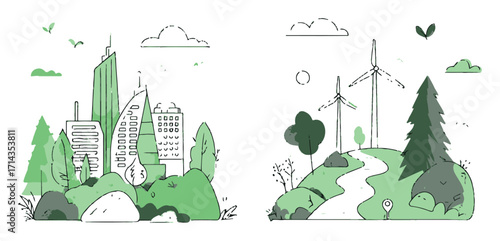 Green City and Nature Landscape Cartoon Illustration Concept for Sustainability