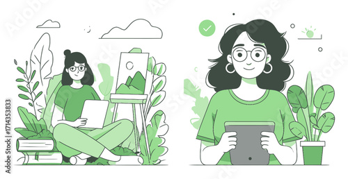 Creative Young Artist in a Green-themed Cartoon Illustration Vector Design