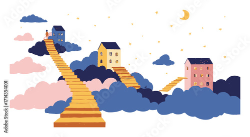 Surreal Dreamlike Landscape with Colorful Houses and Staircase in Clouds