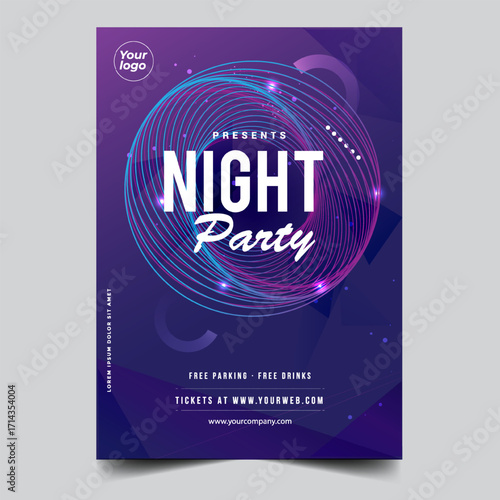 Night dance party music night poster template. Electro style concert disco club party event flyer invitation