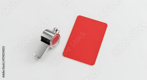 Minimalist top view of a whistle and red card on white background