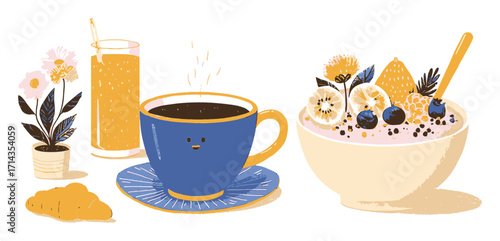 Colorful Breakfast Scene Featuring Coffee, Smoothie, Yogurt, and Plants