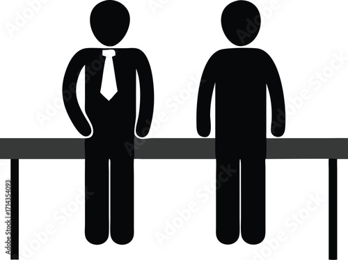 Two business professionals standing by a table discussing ideas simple graphic vector