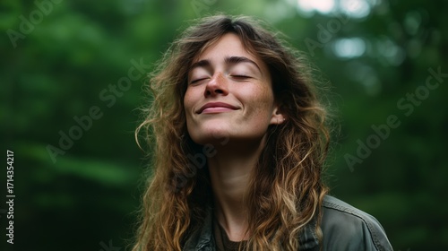Carefree woman stands in lush forest, embracing tranquility with a serene smile, eyes gently closed to savor the moment.