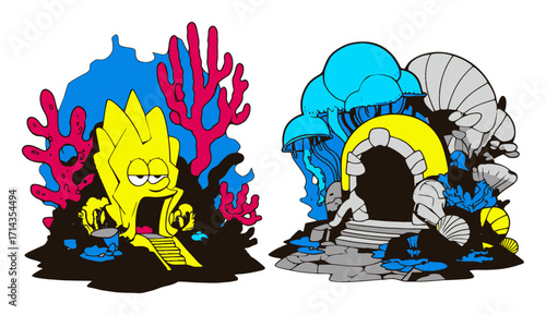 Vibrant Abstract Ocean Scene with Colorful Elements and Unique Structures