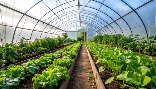 Greenhouse filled with rows of vegetables