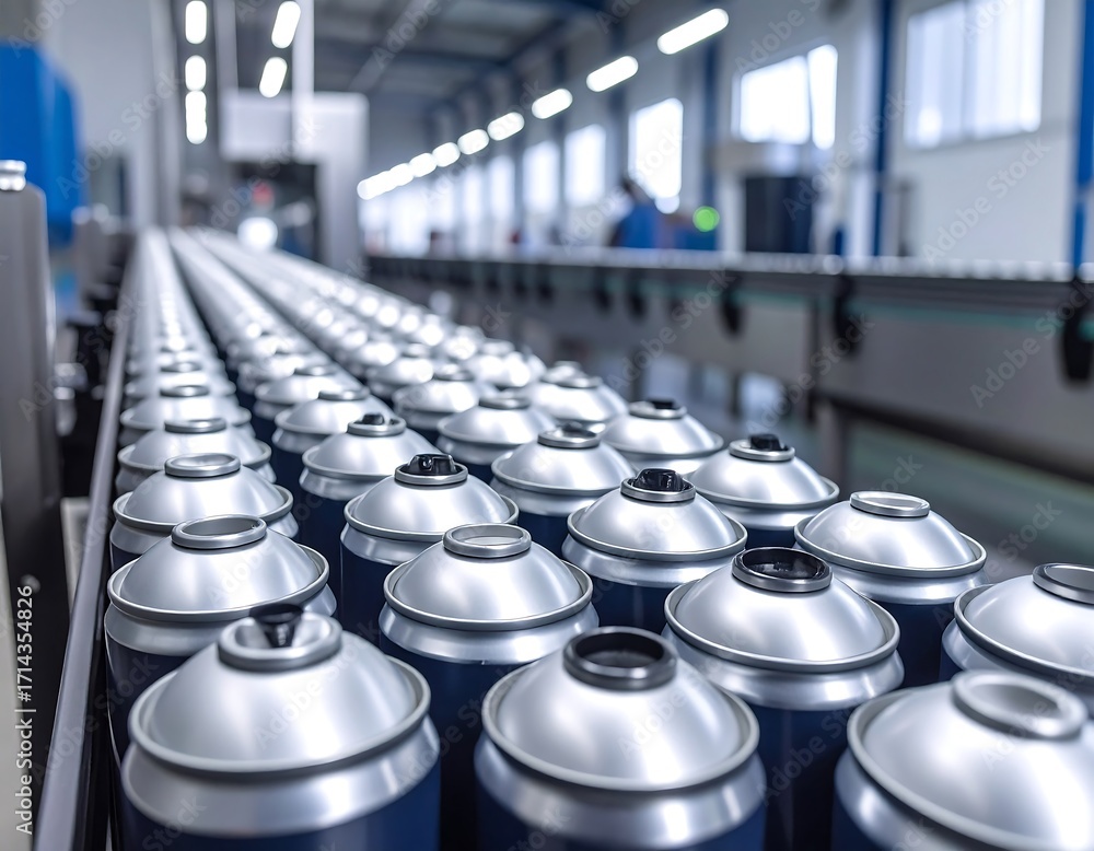 Obraz premium Metal spray cans on a factory conveyor belt
