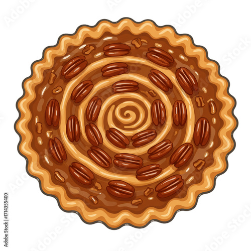 Decadent Pecan Pie Illustration with Spiral Design Thanksgiving Holiday Vector Dessert
