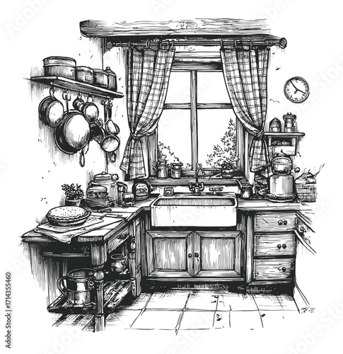 Hand-Drawn Engraving of a Cozy Kitchen Interior with Rustic Elements