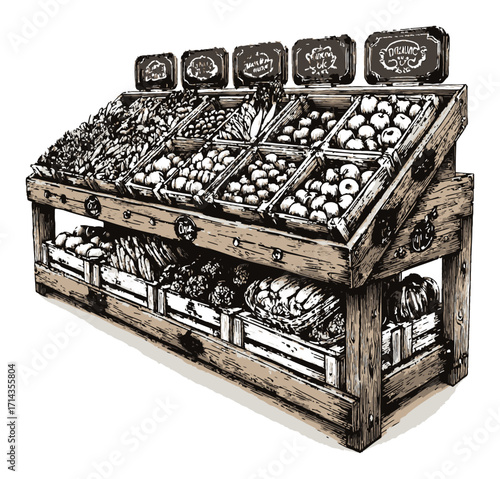 Hand-Drawn Engraving of a Rustic Market Stall Full of Fresh Produce