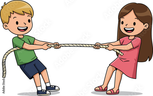 children, tug-of-war, rope, play, competition, teamwork, smiling, cartoon, boy, girl, effort, physical activity, fun, challenge, outdoor, illustration, childhood, sports, playful, interaction