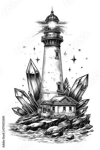 Detailed Hand-Drawn Engraving of a Lighthouse with Crystals in Black and White