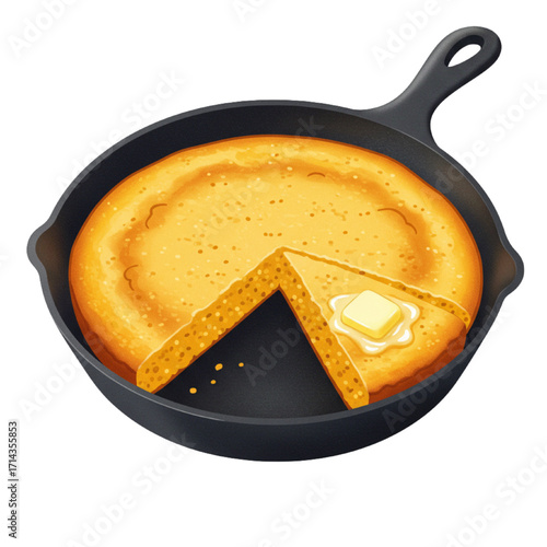 Warm Thanksgiving Cornbread Illustration in Cast Iron Skillet with Butter Holiday Vector Design