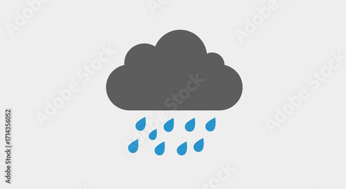 Simple illustration of a dark gray rain cloud with blue raindrops falling against a light gray background, flat design style, conveying a moody atmosphere.