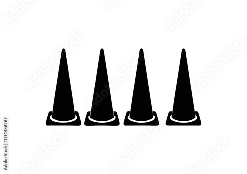 "Black vector silhouette icon of football training cones aligned for practice drills, minimal sports design symbolizing soccer coaching, skills training, and athletic development exercises.