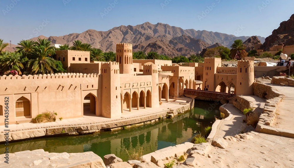 Naklejka premium Ancient desert fortress by a water feature