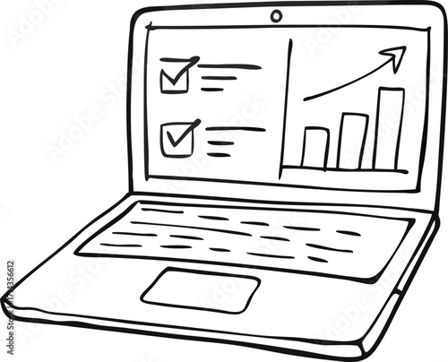 Simple sketch of a laptop displaying a to-do list and growth chart for business analytics vector