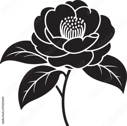 Black silhouette of a camellia flower on a white background, minimal outline