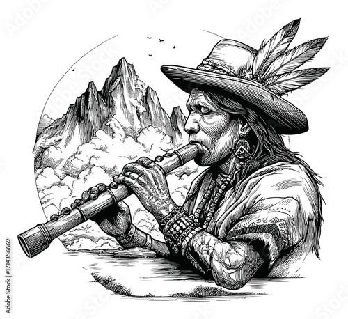 Hand-Drawn Engraving of Indigenous Musician Playing Flute in Nature